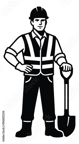 Bold silhouette illustration of a construction worker depicting a laborer holding a shovel for industry and labor design