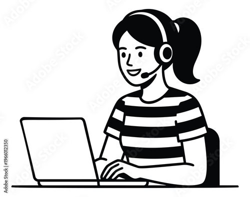 Line art illustration of a customer service representative depicting a woman with headset working on laptop for business and support design