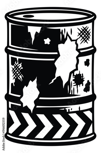 Woodcut illustration of a damaged oil barrel depicting rust decay and hazard markings for industrial and environmental design