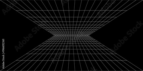 Futuristic perspective grid box. Abstract wireframe with white grid line on black background. Virtual reality landscape in 80s 90s digital style.