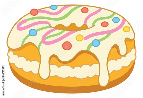 Cartoon illustration of a glazed donut depicting white icing with colorful sprinkles and drizzle for bakery and food design