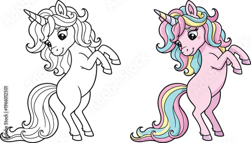 Unicorn coloring page and colored version in cute cartoon vector illustration style