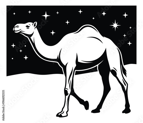 Bold woodcut illustration of a camel walking depicting a desert night scene with stars for travel and cultural design