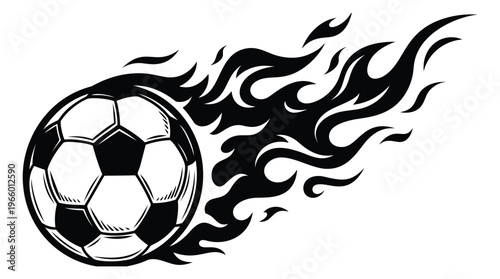 Bold cartoon illustration of a flaming soccer ball depicting high speed motion for sports and team design