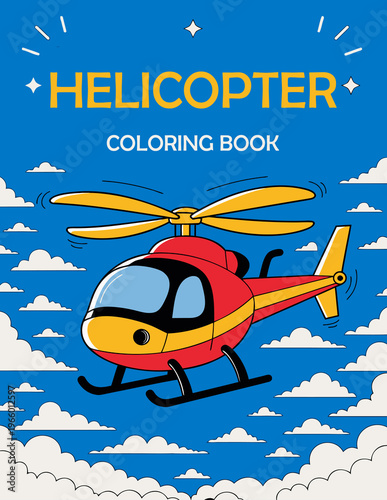 Helicopter coloring book cover featuring cartoon aircraft in sky.
