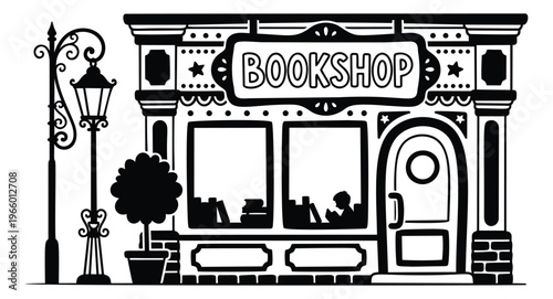 Cartoon illustration of a bookshop storefront depicting a charming facade with street lamp and display window for retail and publishing design