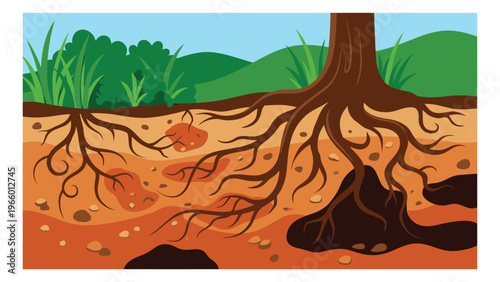 Cartoon illustration of tree root system depicting underground soil layers and plant growth for nature and education design