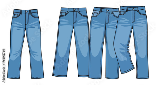A stylistic illustration showcases four pairs of blue denim jeans in varying poses presented as a silhouette high quality professional detailed