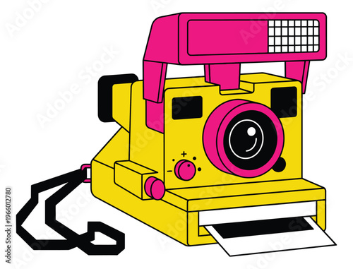 Cartoon illustration of a retro instant camera depicting a yellow and pink polaroid with ejecting photo for photography and nostalgia design