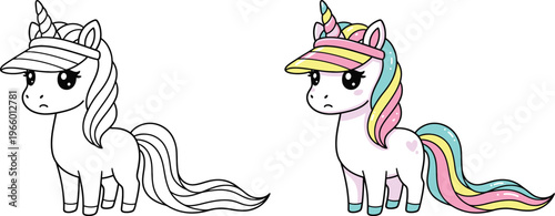 Unicorn wearing sun visor hat in cute cartoon vector outline style