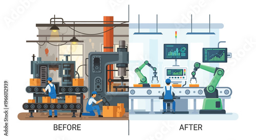 A factory comparison illustrating automation advancements showcasing a shift from manual labor to robotic systems silhouette high quality professional detailed modern