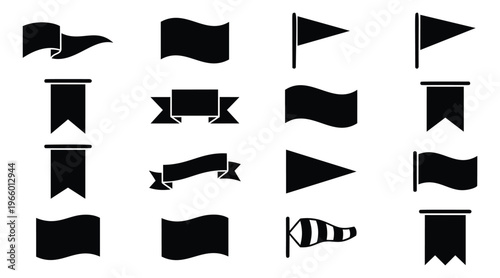 Silhouette icon set of 16 flags featuring pennants, banners, ribbons and windsock shapes for navigation and marking design