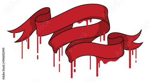 Cartoon illustration of dripping ribbon banner depicting blood soaked scrolls for tattoo and grunge design