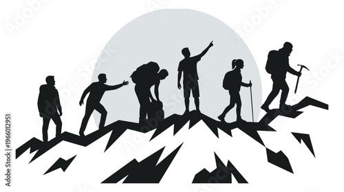 Silhouette illustration of mountain hikers depicting teamwork and adventure on rocky peaks for outdoor and business design