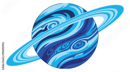 Cartoon illustration of a blue ringed planet depicting swirling atmospheric storms and spiral patterns for space and astronomy design