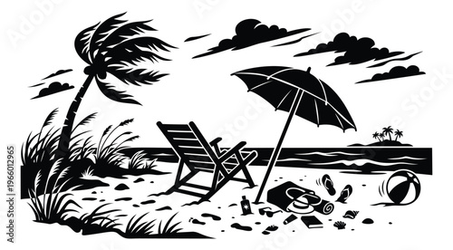 Silhouette illustration of a windy beach scene depicting a lounge chair umbrella and palm tree for summer travel design