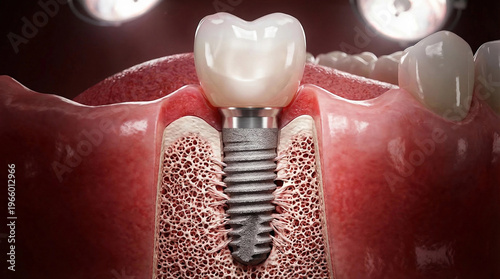 Detailed 3D Medical Illustration of a Dental Implant in Jawbone