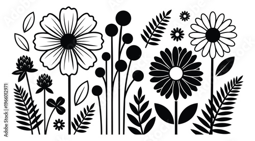 Silhouette and outline icon set of wildflower and botanical elements featuring daisy, fern, clover and stems for nature design