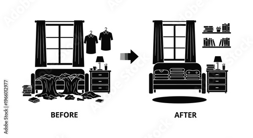 A before and after room transformation depicting clutter reduction showcased in a striking black silhouette high quality professional detailed modern elegant