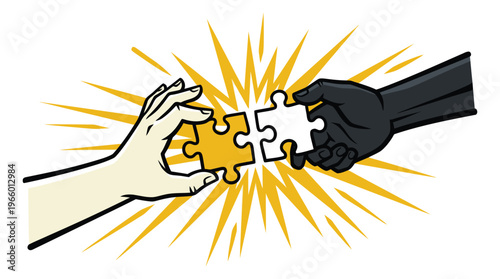 Cartoon illustration of human and robot hands connecting puzzle pieces depicting human AI collaboration for technology and business design