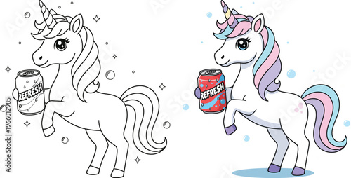 Unicorn holding soda can in cute cartoon style with clean vector outline