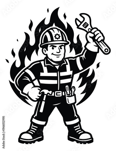 Cartoon illustration of a firefighter mechanic depicting a worker holding a wrench with flames for mascot and logo design