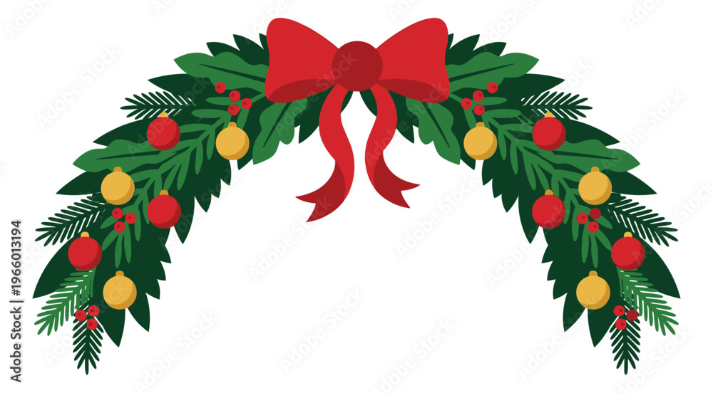 Obraz premium Flat illustration of a Christmas garland arch depicting evergreen branches with ornaments and red bow for holiday decoration design