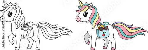 Unicorn carrying school backpack in cute cartoon vector outline style