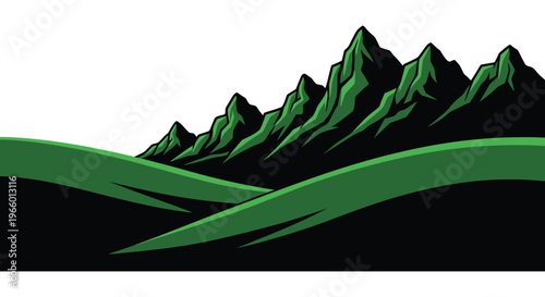 A vibrant green landscape with rolling hills and jagged mountain peaks creates a striking silhouette high quality professional detailed modern elegant