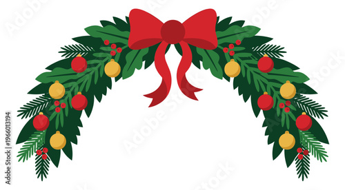 Flat illustration of a Christmas garland arch depicting evergreen branches with ornaments and red bow for holiday decoration design