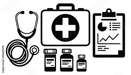 Silhouette icon set of 6 medical supplies featuring stethoscope, first aid kit, prescription bottles and health report for healthcare design