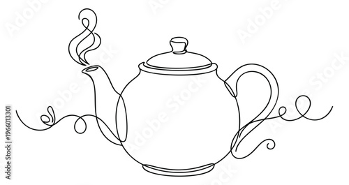 Continuous line art illustration of a steaming teapot depicting hot tea brewing for cafe and kitchen design