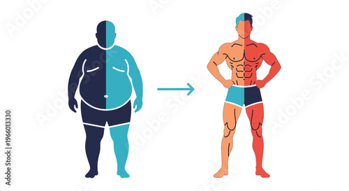 Visual representation of weight loss transformation contrasting two body types with an arrow in a striking silhouette high quality professional detailed