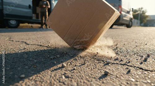 Delivery box falling on asphalt road with dust splash against delivery van background showing package damage during transport courier mistakes shipping accidents logistics failure fragile parcel.