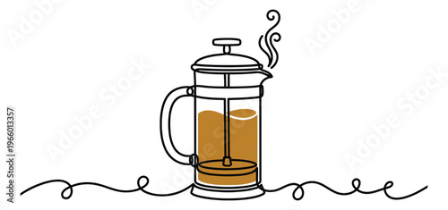 Line art illustration of a french press coffee maker depicting steam rising for cafe and kitchen design