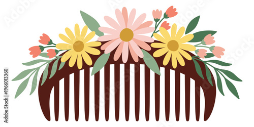 Flat illustration of a decorative hair comb depicting floral arrangement with daisies and spring blooms for beauty and fashion design