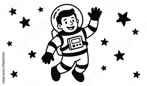 Cartoon illustration of a cheerful astronaut depicting a smiling child floating in space waving among stars for kids and education design