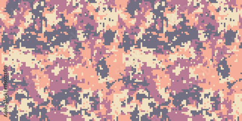 Abstract digital camouflage pattern in muted peach, mauve, and gray tones. Ideal for fashion, textile design, or as a background.