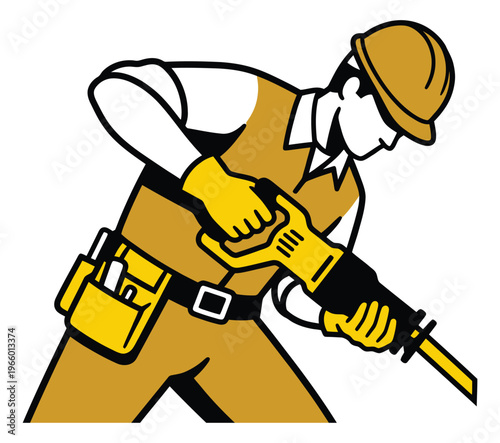 Cartoon illustration of construction worker depicting jackhammer drilling action for industry and labor design