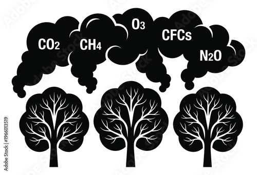 Silhouette illustration of greenhouse gas emissions featuring CO2 CH4 CFCs N2O smoke clouds over bare trees for environmental design