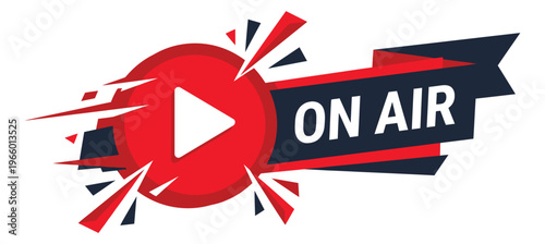 Flat illustration of on air broadcast badge depicting live streaming play button with dynamic speed lines for media and radio design