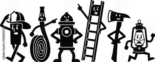 Firefighter tools personified with smiling faces black and white vector art