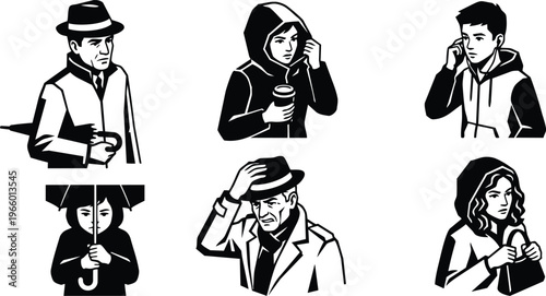 Line art black and white portraits of six people with umbrellas hats hoods and coffee