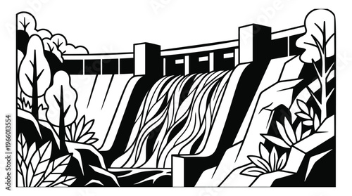 Bold woodcut illustration of a hydroelectric dam depicting cascading waterfall surrounded by lush foliage for environmental and energy design