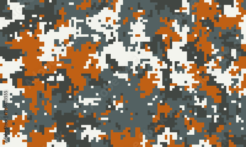 Abstract digital camouflage pattern in orange, gray, and white.  Perfect for backgrounds, textiles, or militarythemed designs.