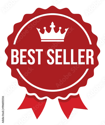 Flat illustration of a best seller award badge depicting a red rosette with crown emblem for retail and marketing design