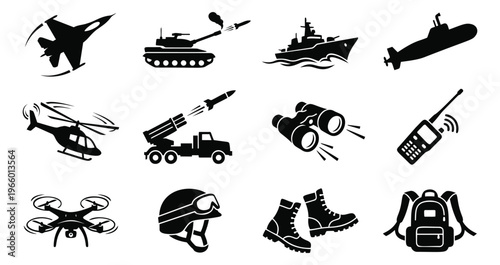 Silhouette icon set of 12 military symbols featuring fighter jet, tank, warship, submarine, helicopter and army gear for defense design