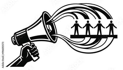 Bold silhouette illustration of megaphone with sound waves reaching connected people depicting public communication and community outreach for social and marketing design
