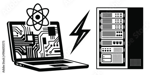 Flat bold illustration of a React laptop and server rack depicting client server connection for web development design