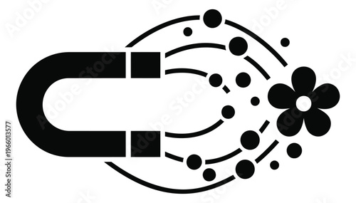 Flat silhouette illustration of a horseshoe magnet attracting a flower depicting magnetic force and appeal for marketing design